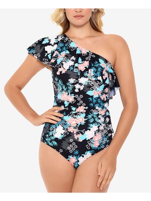 

SWIM SOLUTIONS Женский черный цельный купальник на одно плечо с рюшами