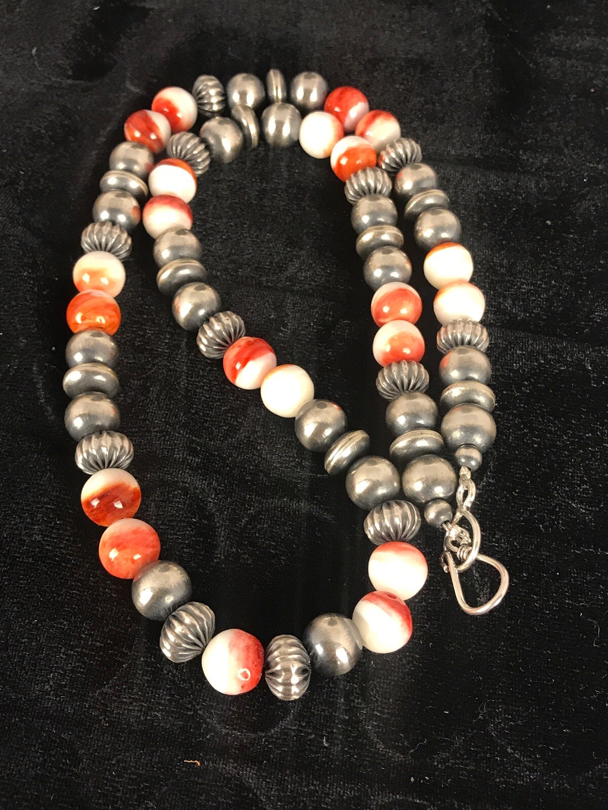 Pre-owned Handmade Spiny Oyster Navajo Sterling Silver Beads Necklace 21” 8533 In Orange