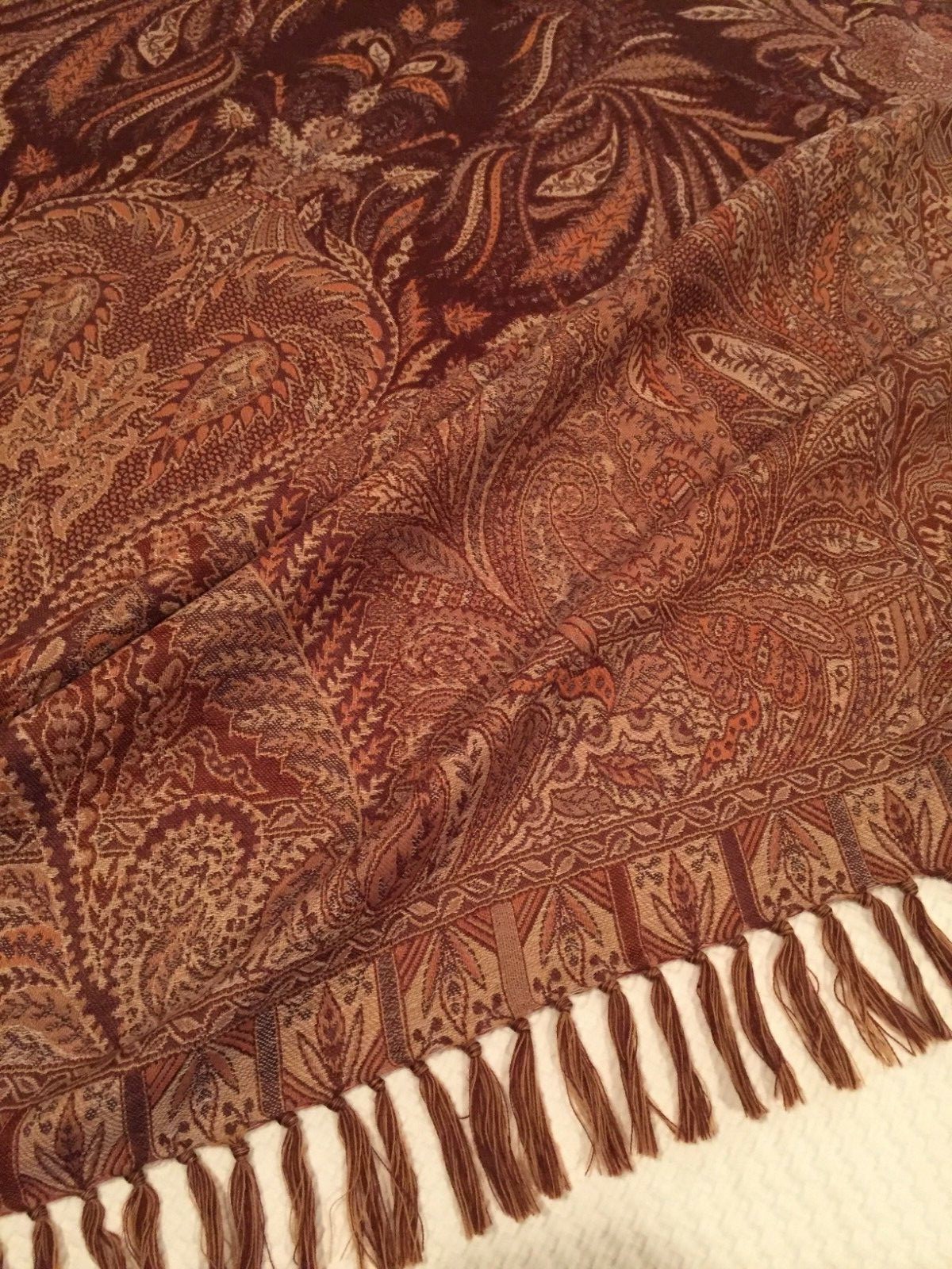 KASHMIRI ANTIQUE-STYLE WOOL SOFA PAISLEY THROW BLANKET INDIA BROWN RUST TAN NIP