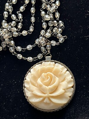 Vintage  Necklace Cream Carved Flower Pendant On Beaded Chain