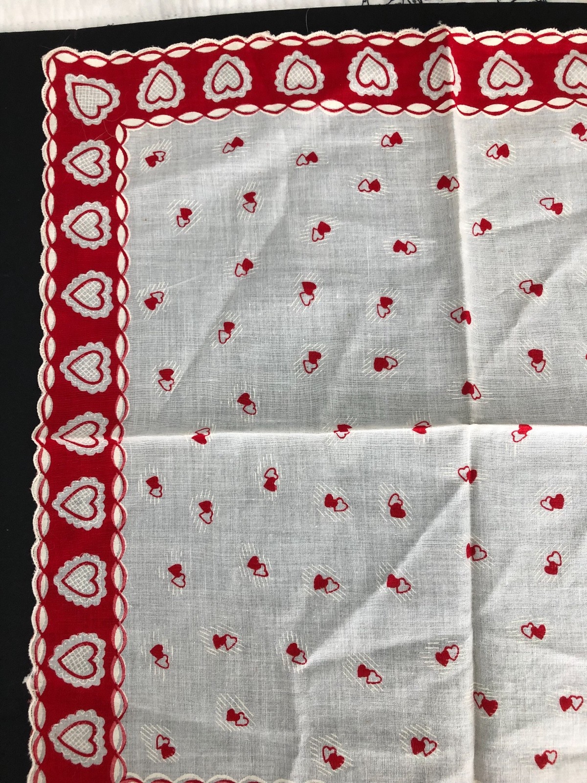 Vintage Valentine Hearts Handkerchief red white scallop edge cotton hankie