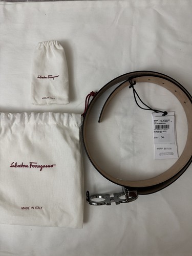 Pre-owned Ferragamo $575 Salvatore  Men's Enamel Double Gancini Leather Belt Size 36”/90cm In Black/brown