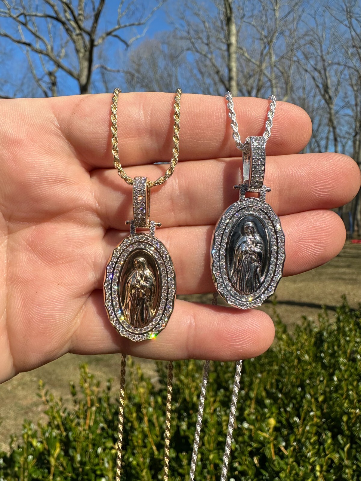 Pre-owned Harlembling 1.55ct Real Diamond Virgin Mary Pendant 925 Silver Necklace Medallion Pendant In White