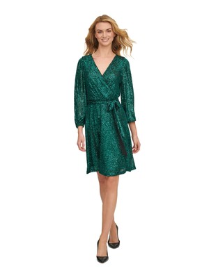 

DKNY Женское зеленое вечернее платье длиной до колена с длинными рукавами, Зеленый