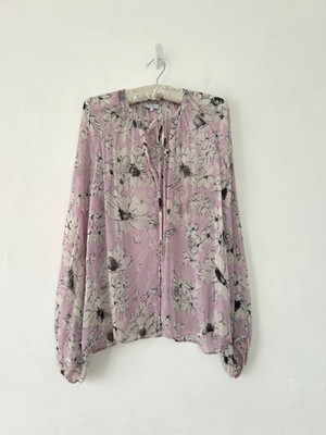 Ghost London Top Women's Sheer Floral Tie Neck Crinkle Buttoned Blouse Size L