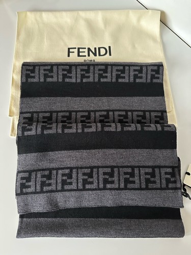 Pre-owned Fendi $470  Ff Logo Wool Black/grey Scarf 12w X 73.5l Fxs124 Italy In Gray