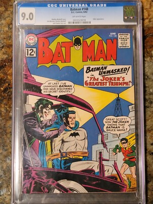 1962 D.C. Comics Batman 148 CGC 9.0. Joker Cover. Batman Unmasked.