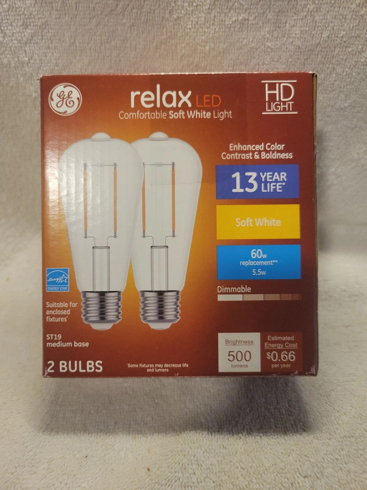 NEW 2 BULB Box GE RELAX LED Comfortable SOFT WHITE HD 60W Dimmable ST19