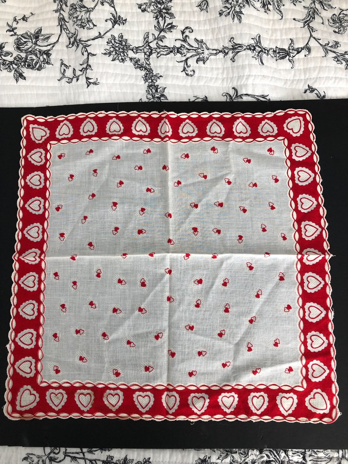 Vintage Valentine Hearts Handkerchief red white scallop edge cotton hankie