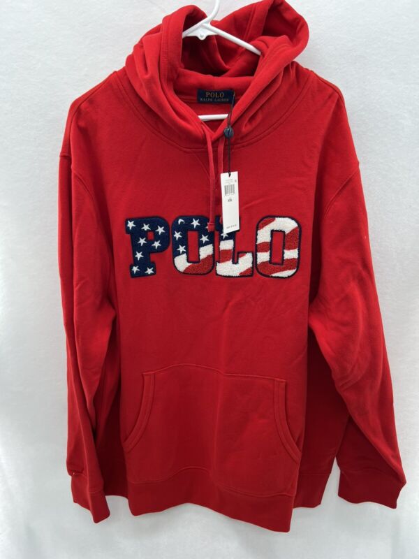 Polo Ralph Lauren Americana Flag Red Fleece Hoodie Pullover Sweatshirt XXL 2XL