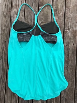 LULULEMON Tank Top Bra Teal Aqua Gator Unripe Strappy Hot Yoga 8 VEUC