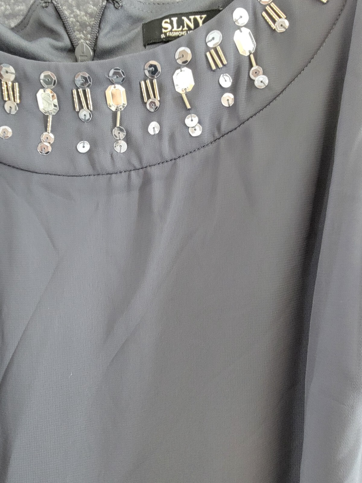 SLNY Sheath Dress & Sheer Jacket Set Women's 16 Steel Embellished Zip Closure - Picture 9 of 20