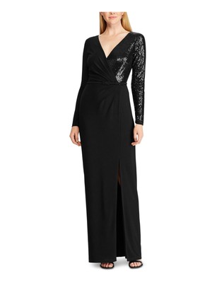 

Женское черное вечернее платье макси с запахом и длинными рукавами RALPH LAUREN с пайетками и V-образным вырезом, Черный
