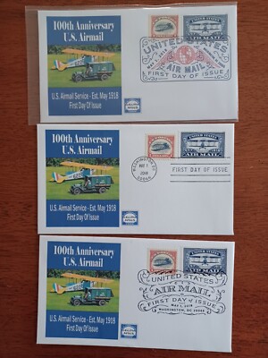 #5282 Centennial Air Mail FDC May 1 2018 AFDCS Cachet Set of 3 Inverted Jenny $2