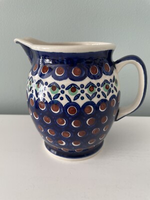 Polish Pottery Pitcher Hand Painted Dots Poland Blue 5.25  Tall