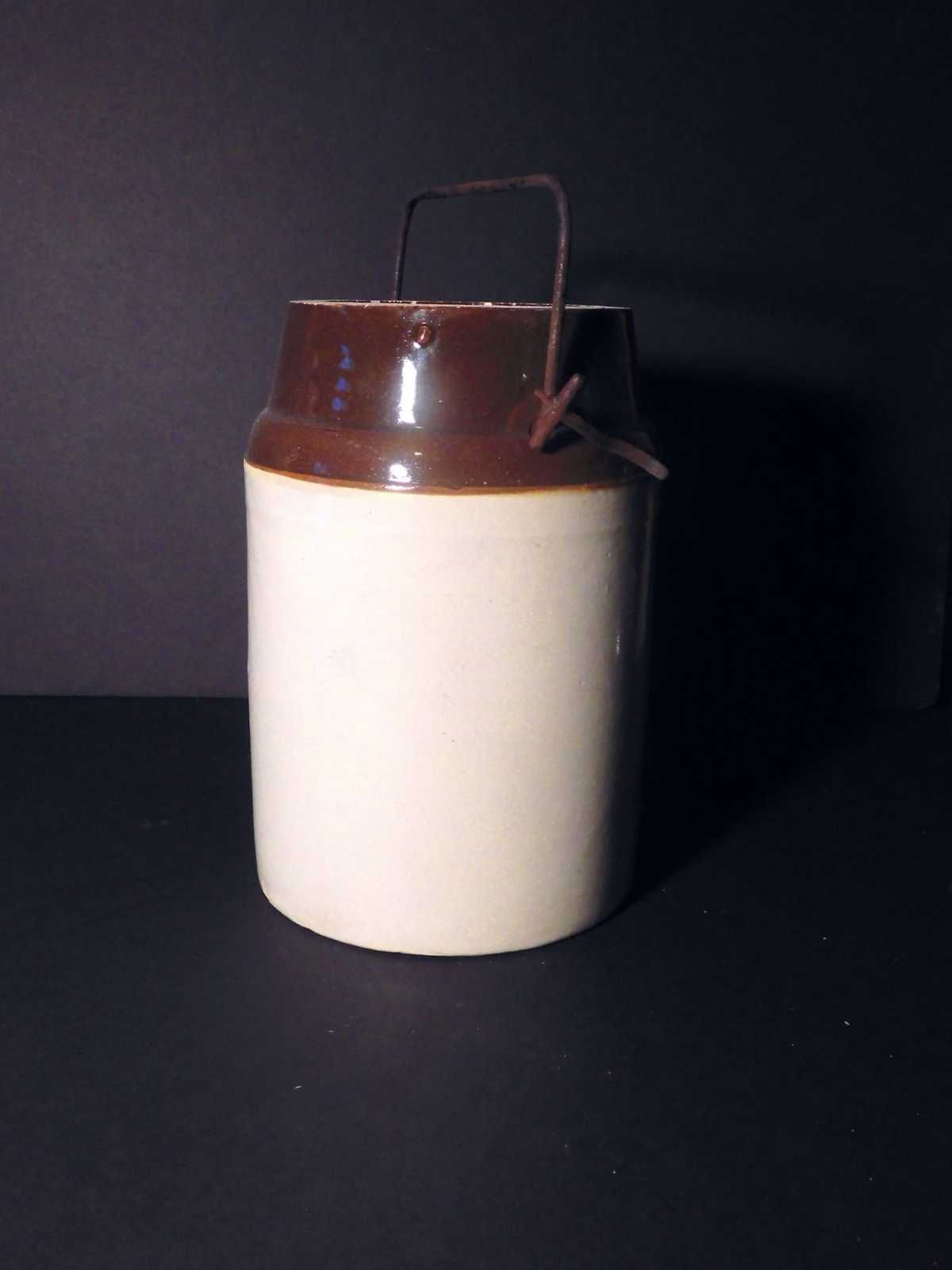 #34 Brown and Tan Vintage Crock with Metal Handle, 2 Quart size