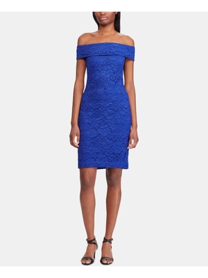 

Женское синее кружевное коктейльное облегающее платье без рукавов с открытыми плечами RALPH LAUREN, Синий