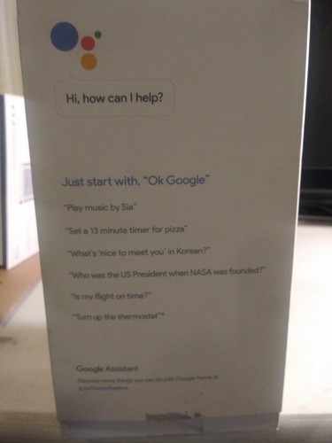 GOGGLE HOME voice activated speaker.