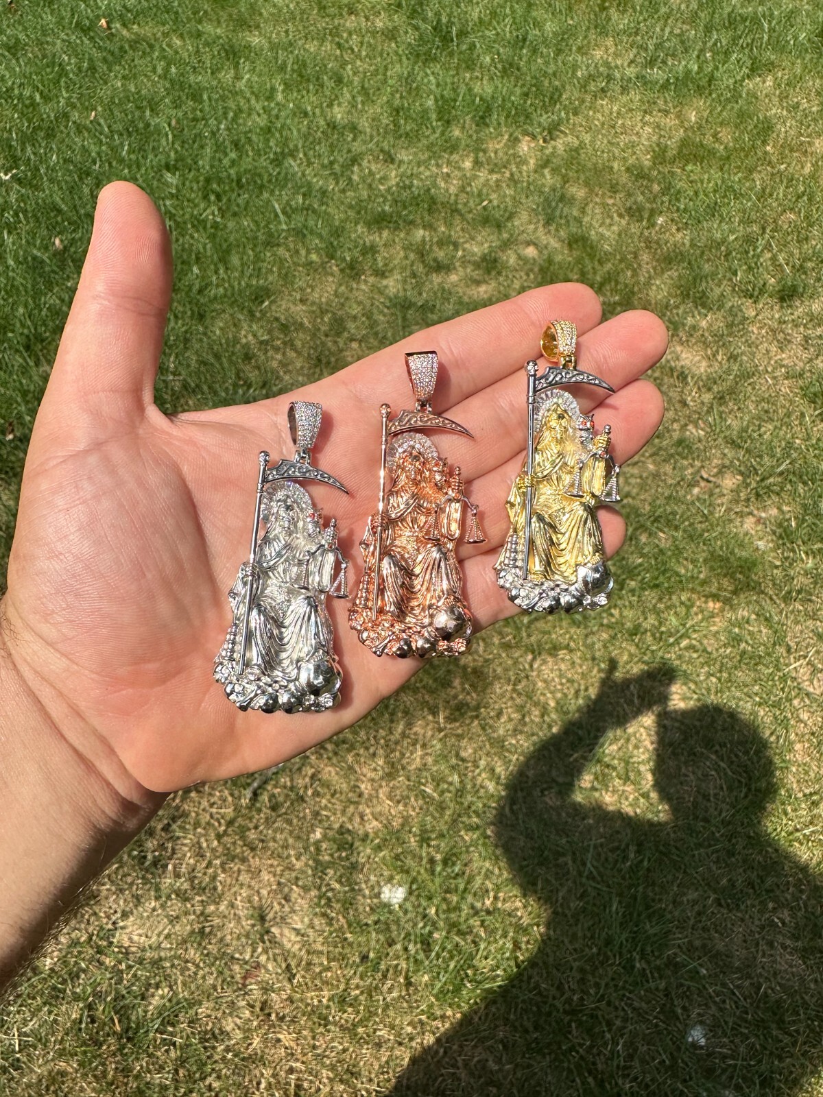 Pre-owned Harlembling Moissanite Santa Muerte Grim Reaper Pendant 925 Silver / 14k Gold Rose Necklace In White