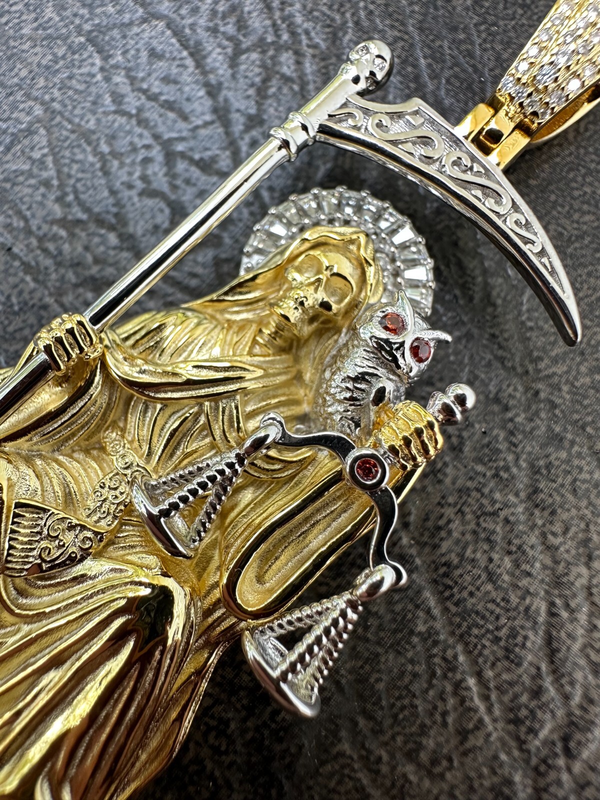 Pre-owned Harlembling Moissanite Santa Muerte Grim Reaper Pendant 925 Silver / 14k Gold Rose Necklace In White