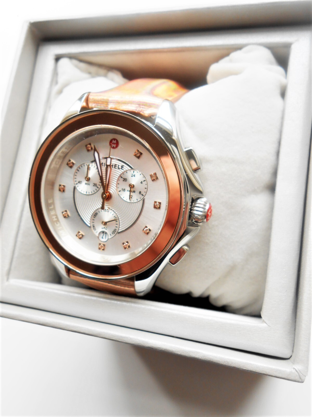 Pre-owned Michele Cape Chrono Diamond Topaz Leather Strap Watch Rose Gold Silver Bnib $595