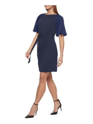 DKNY Womens Navy Belted Flutter Sleeve Above The Knee Sheath Dress 6