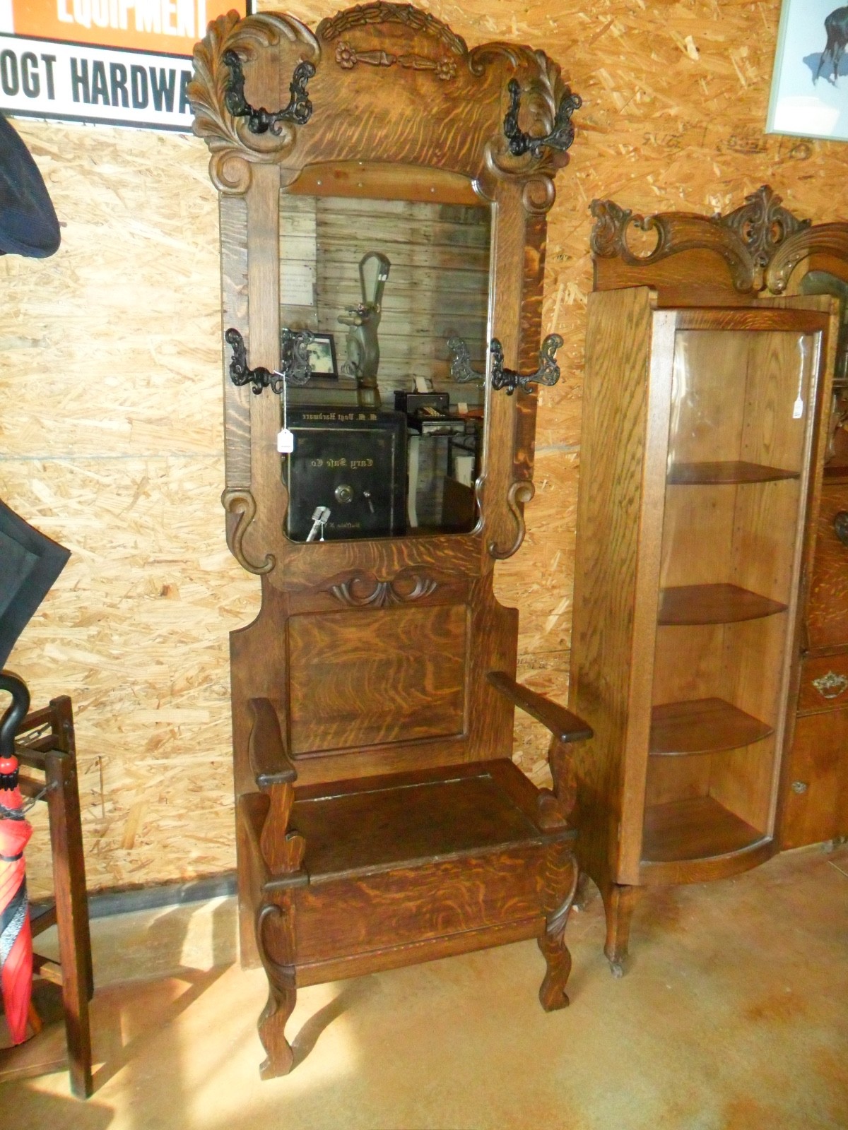 1900's Quarter Sawn and Tiger Oak Hall Tree with Storage Seat Mirror