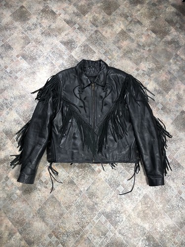 Vintage fringed leather biker jacket JTX black Western