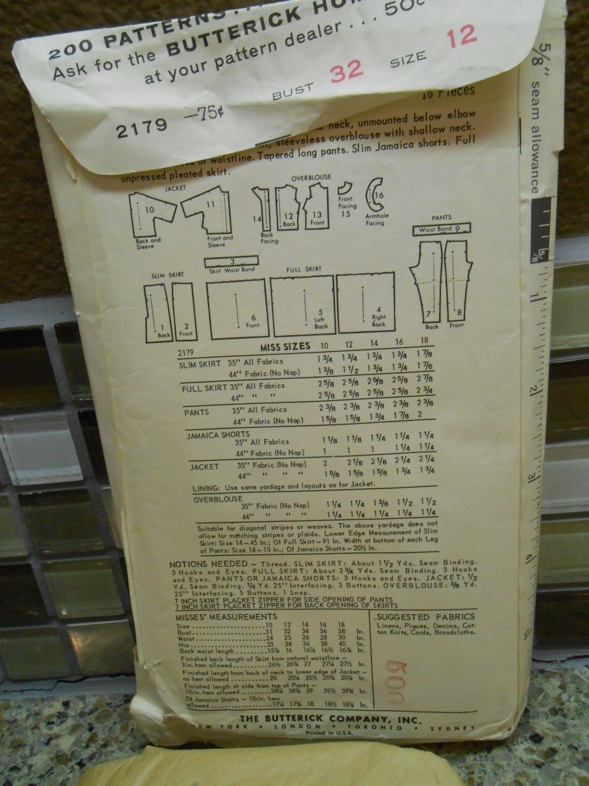 VTG 60's BUTTERICK 2179 S 12 PATTERN JACKET CROP TOP SLIM FULL SKIRT PANT SHORT