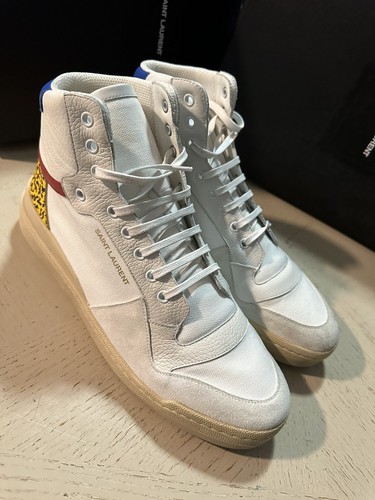 Pre-owned Saint Laurent $775  Men Mid Top Sneakers Shoes White/blue/cream 9 Us/42 Eu In White Multicolor