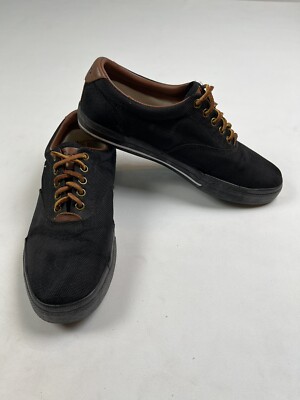 Polo Ralph Lauren Mens Vaughn Sneakers 10.5 Black Canvas Leather Lace Deck Shoes