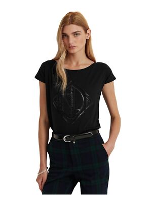 

LAUREN RALPH LAUREN Женский черный топ свободного кроя с короткими рукавами и вырезом «лодочка»