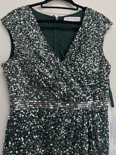 Pre-owned Mac Duggal Cap Sleeve Sequined High Slit V Neck Belted Gown Size 10 Green 5489