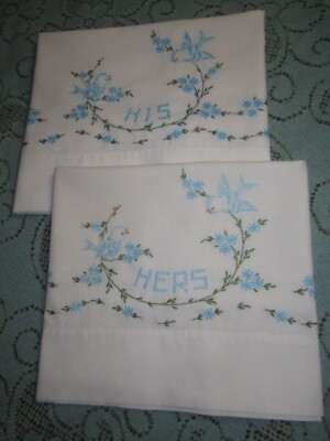 Vintage Hand Embroidered Pair His and Hers Blue Birds Pillow Cases 31'' X 19.5''