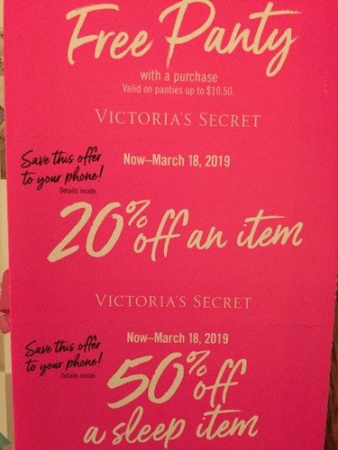 Victoria Secret Coupons Lot Of 4-Expiration 3/18/19-Free Panty,20%,50%, $25off