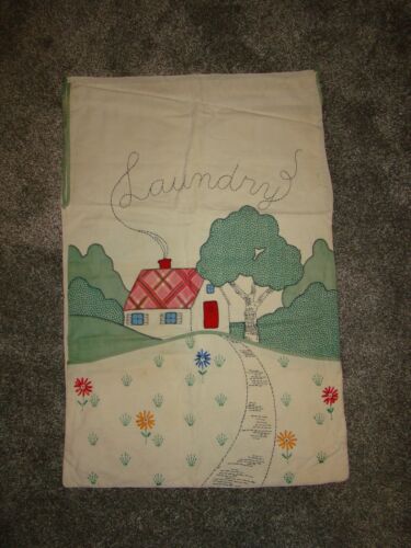 Vintage Large Embroidered LAUNDRY BAG Feedsack Fabrics 2 Deep Pockets