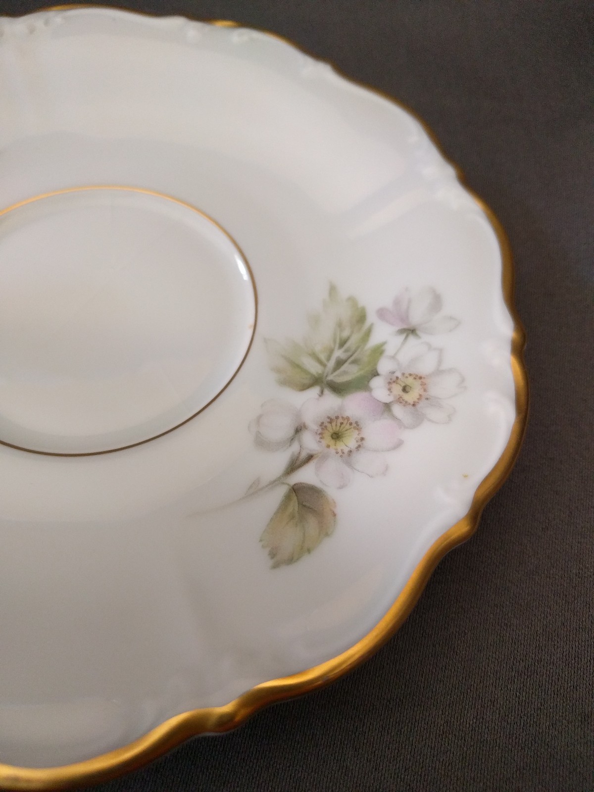 P T Tirschenreuth Tea Cup Saucer White Gold Trim Orange Blossoms Germany