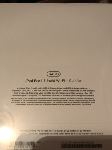 Apple iPad Pro Sealed 64GB Wi-Fi Cellular LTE Verizon 11in NIB Space Gray A2013
