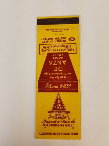 Vintage matchbook cover De Anza Motor Lodge Albuquerque New Mexico. C8