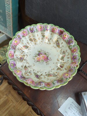 antique victorian japan porcelain Hand Painted Floral & Heavy Gold Berry serving