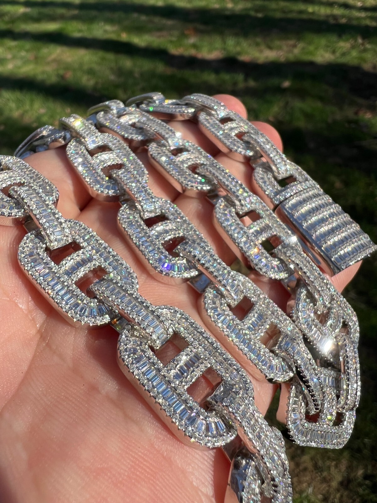 Pre-owned Silver Baguette Moissanite Solid 925  Gucci Link Chain Necklace Pass Diamond Test