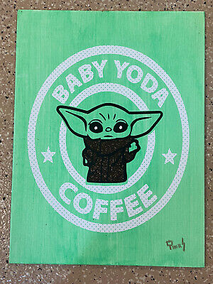 Handcrafted Star Wars Baby Yoda Coffee Vinyl On Canvas 9x12 Signed Artwork B