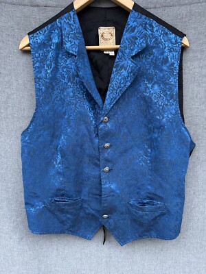 Wah Maker Frontier Vest Mens Large Blue Floral 100% Silk USA Waistcoat
