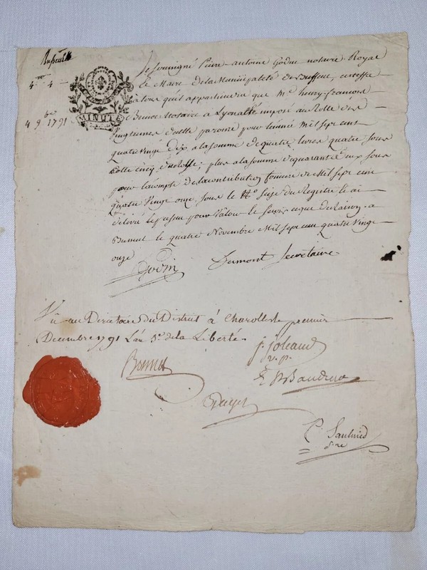 1 Feuillet Manuscrits PrÃ©Cieux Et Rare.  Lot D'Archives Communales. 1789