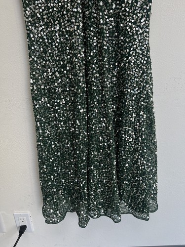 Pre-owned Mac Duggal Cap Sleeve Sequined High Slit V Neck Belted Gown Size 10 Green 5489