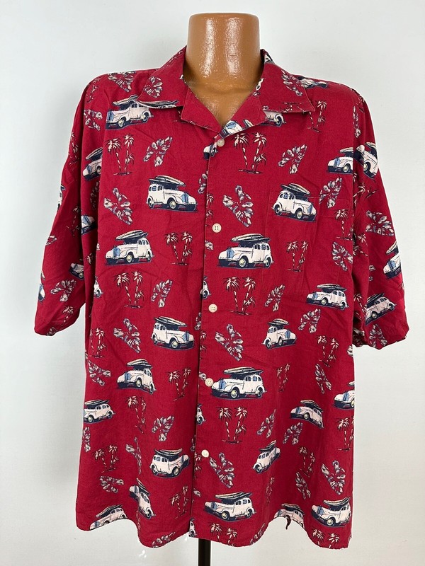 Vintage Natural Issue Hawaiian Shirt Mens 4XL Woody Wagon Surfboards Beach Aloha