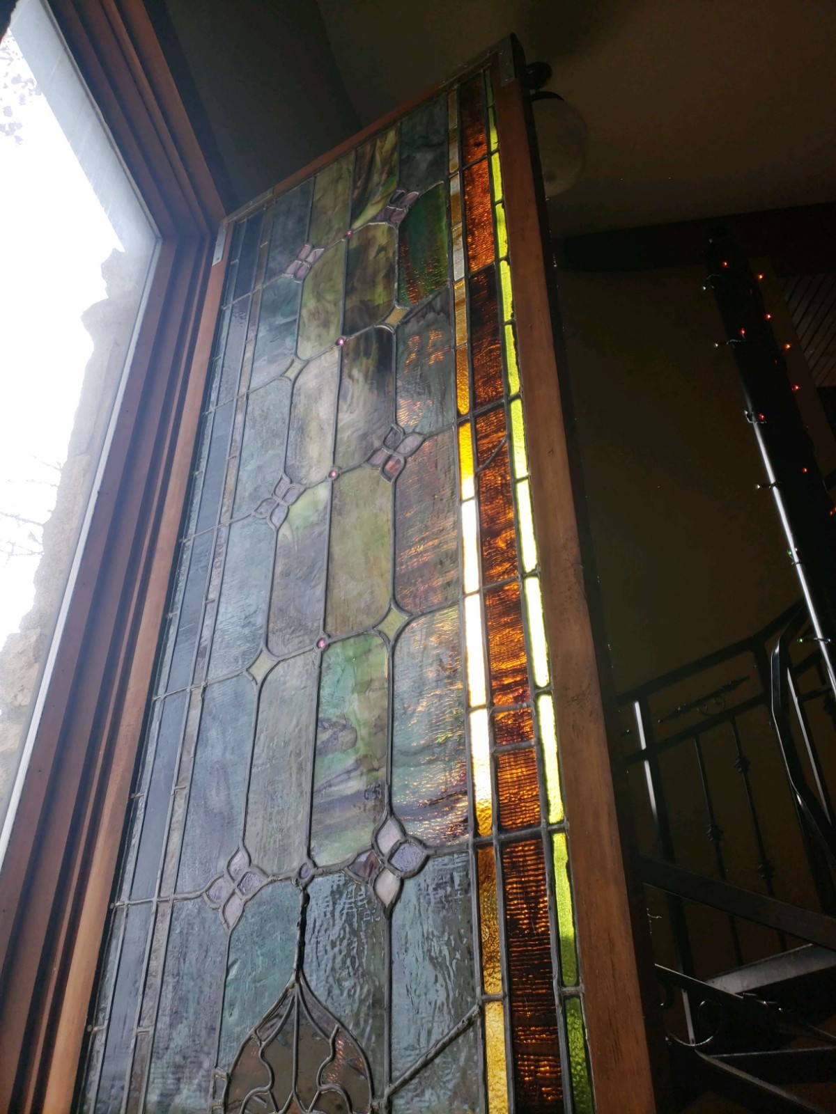 large antique stained glass window, 9 ft 2 in tall by 2 ft 4 in wide