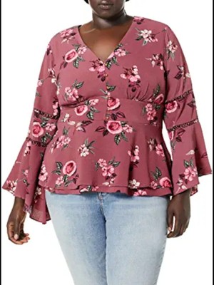 ГОРОДСКОЙ ШИКАРНЫЙ женский бордовый кружевной топ-клеш с оборками и V-образным вырезом плюс XXL\ 24