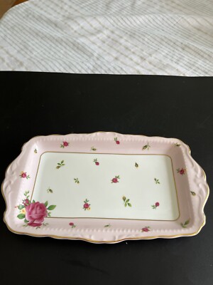 Royal Albert New Country Roses Sandwich Snack Plate White & Pink 11 3/4  Long
