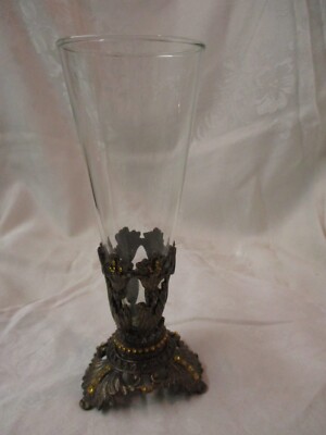 Vintage clear Glass Vase with bronze tone Base with Rhinestones